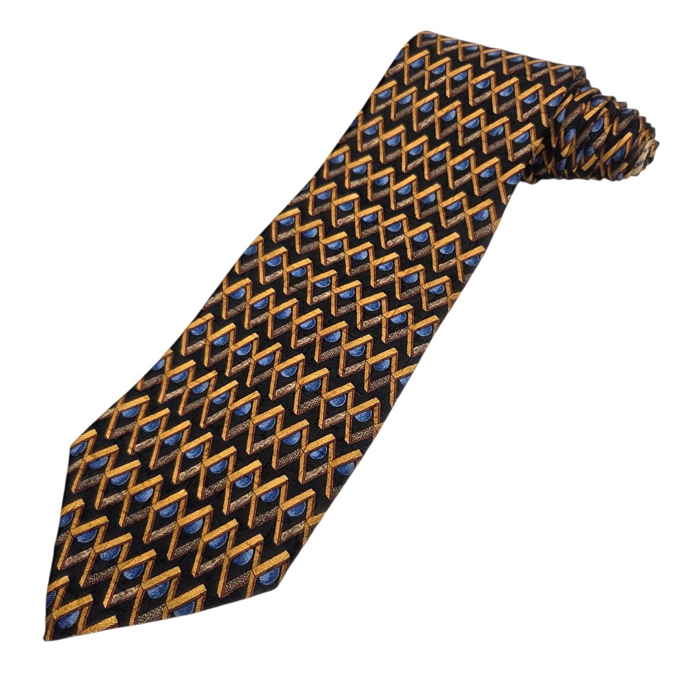 Ermenegildo Zegna Silk Tie Men Gold Blue Geometric Pattern Made in Italy Luxury